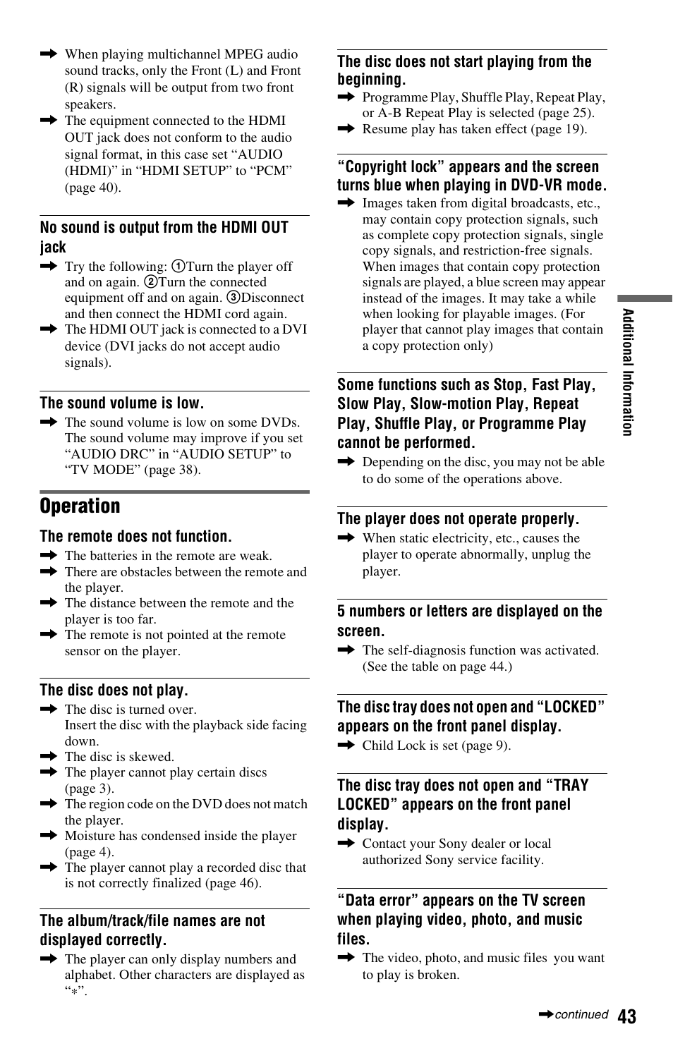 Operation | Sony DVP-NS728H User Manual | Page 43 / 52