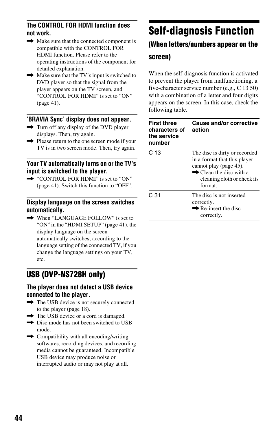 Self-diagnosis function, Usb (dvp-ns728h only) | Sony DVP-NS728H User Manual | Page 44 / 52