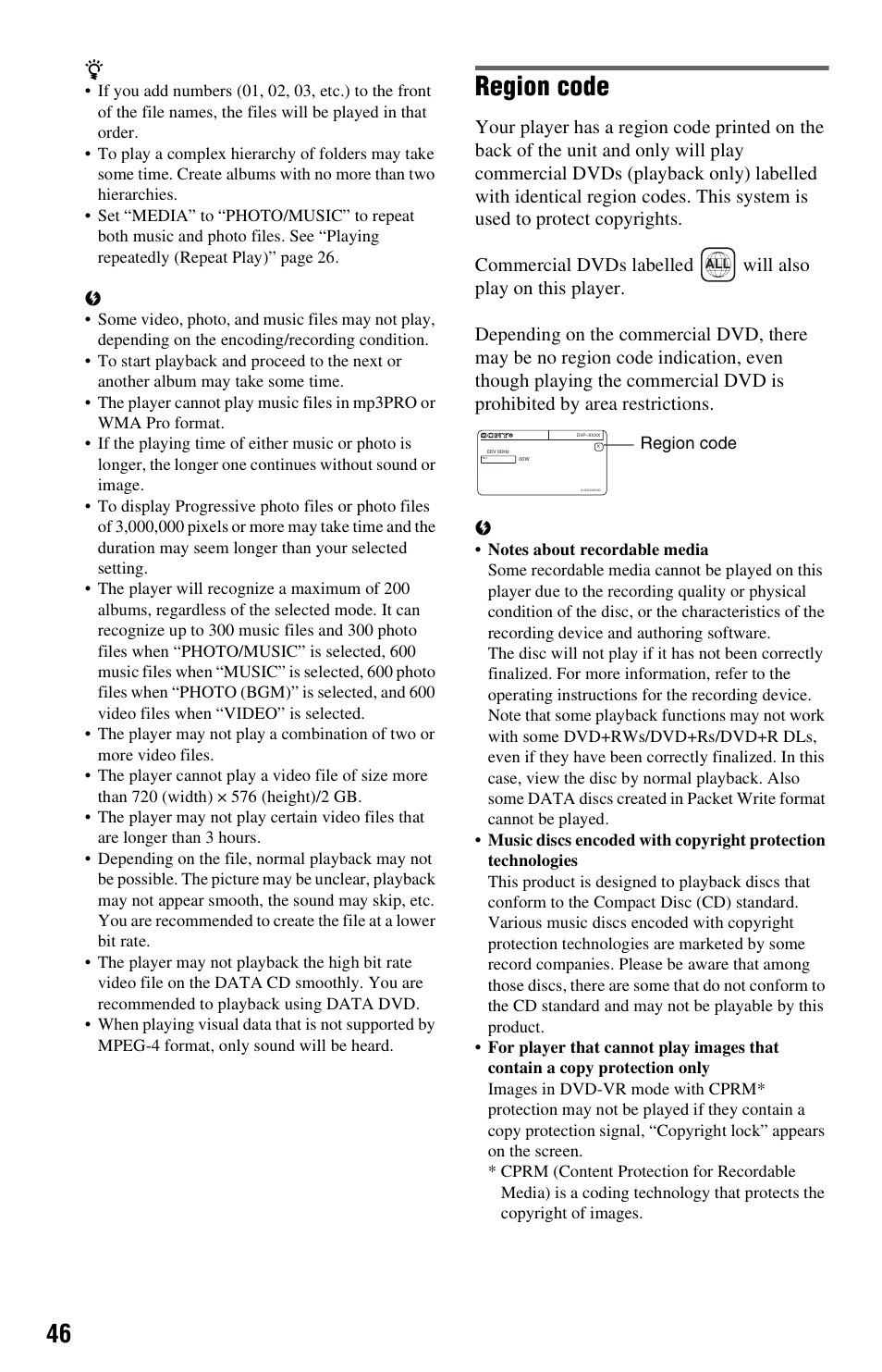 Region code | Sony DVP-NS728H User Manual | Page 46 / 52
