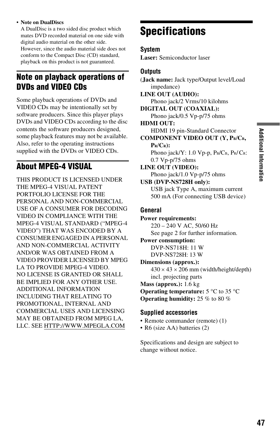 Specifications, About mpeg-4 visual | Sony DVP-NS728H User Manual | Page 47 / 52