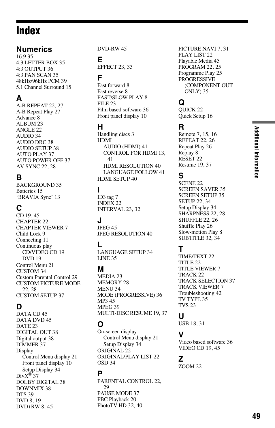Index, Numerics | Sony DVP-NS728H User Manual | Page 49 / 52