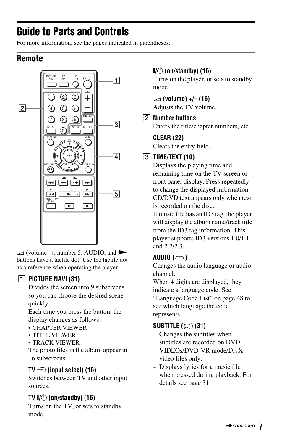 Guide to parts and controls, Remote | Sony DVP-NS728H User Manual | Page 7 / 52