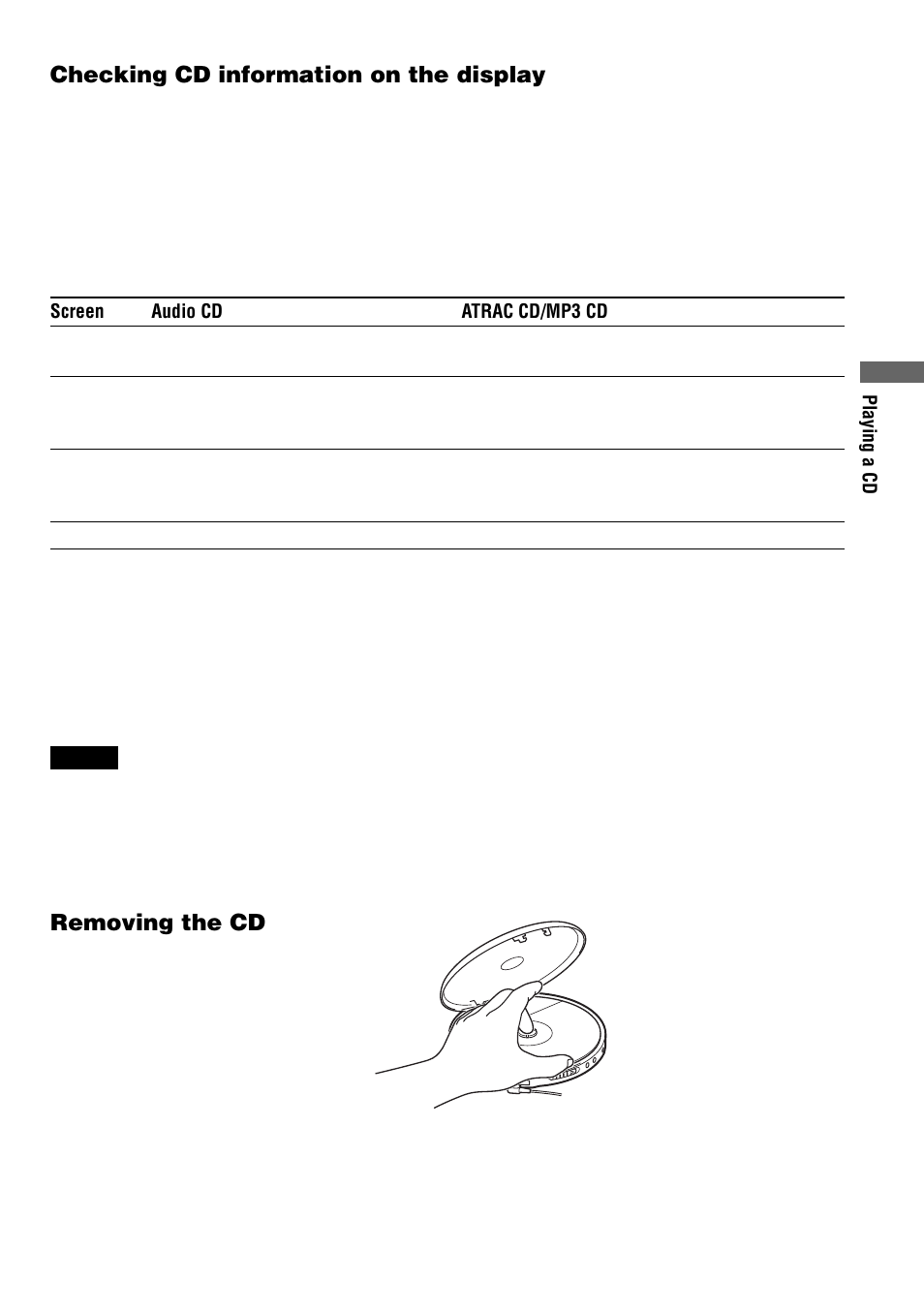 Checking cd information on the display, Removing the cd | Sony D-NF400/NF401 User Manual | Page 15 / 40
