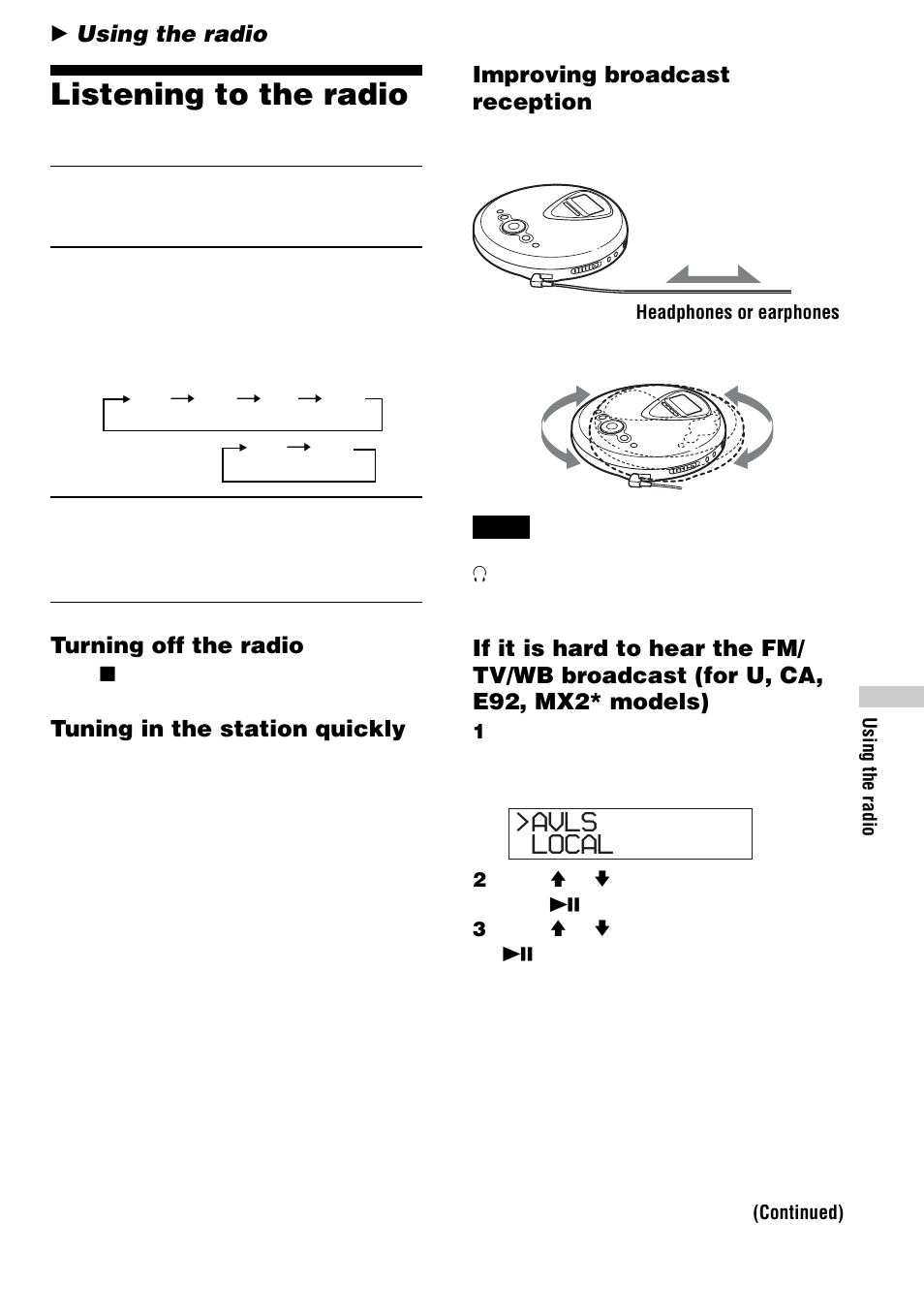 Using the radio, Listening to the radio, Local >avls | Sony D-NF400/NF401 User Manual | Page 25 / 40