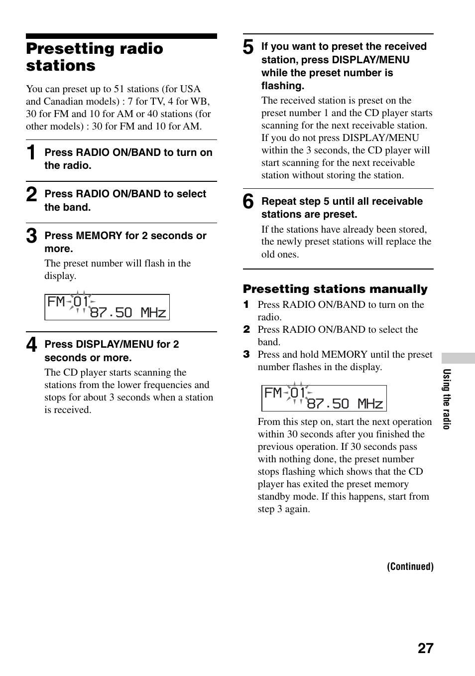 Presetting radio stations | Sony D-NF400/NF401 User Manual | Page 27 / 40