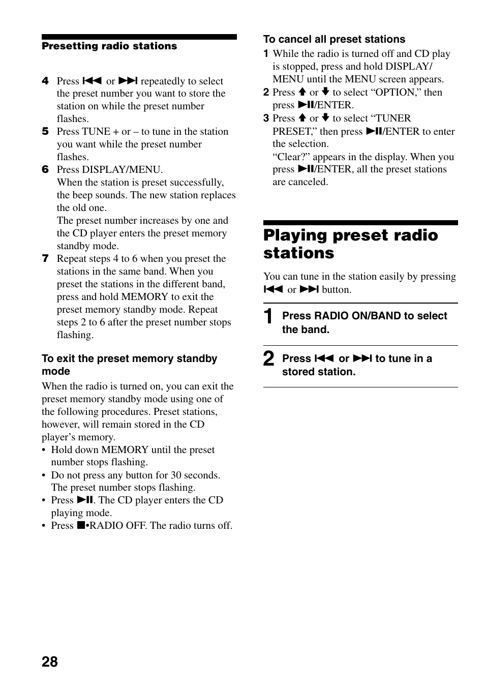 Playing preset radio stations | Sony D-NF400/NF401 User Manual | Page 28 / 40