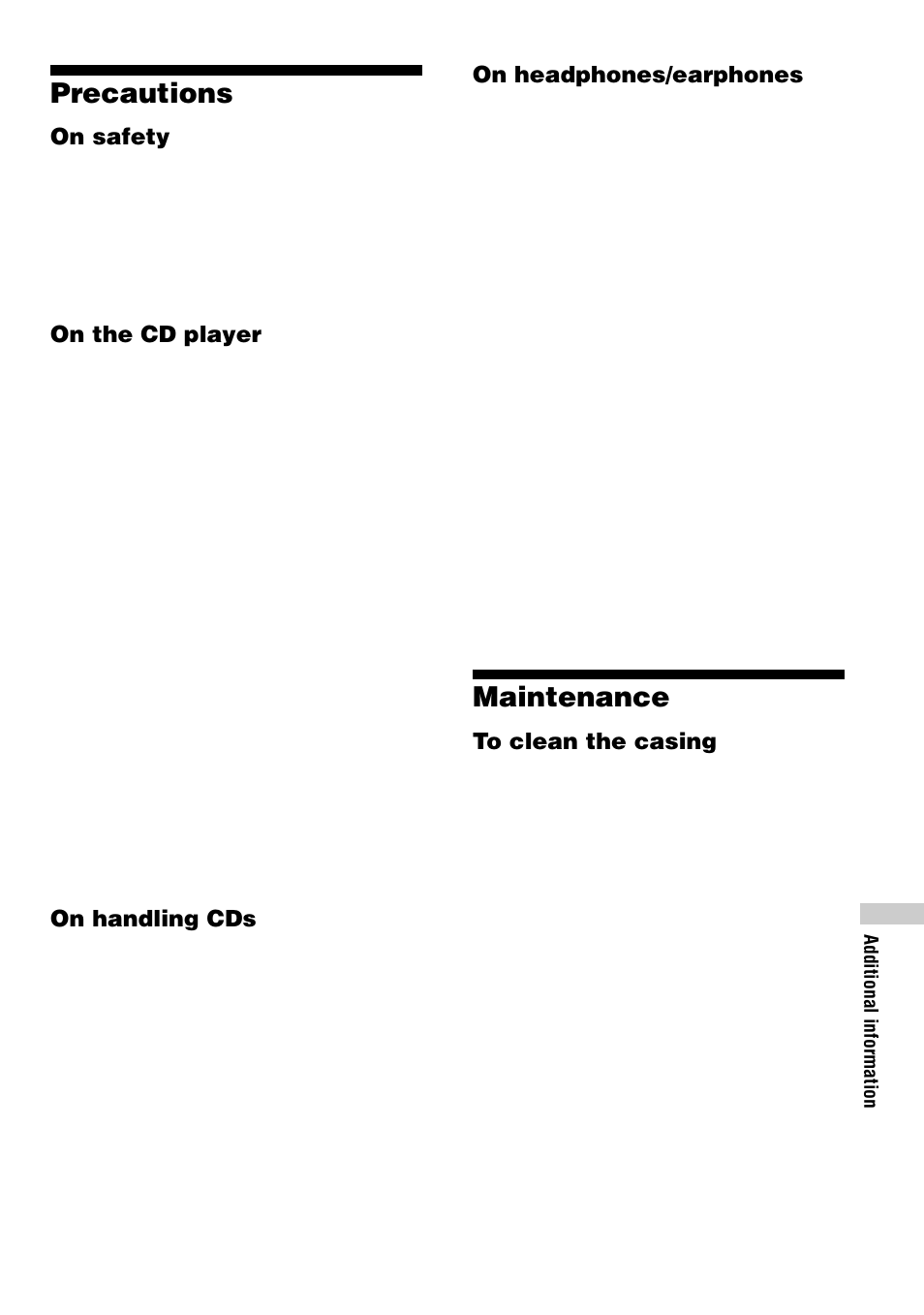 Precautions, Maintenance | Sony D-NF400/NF401 User Manual | Page 33 / 40