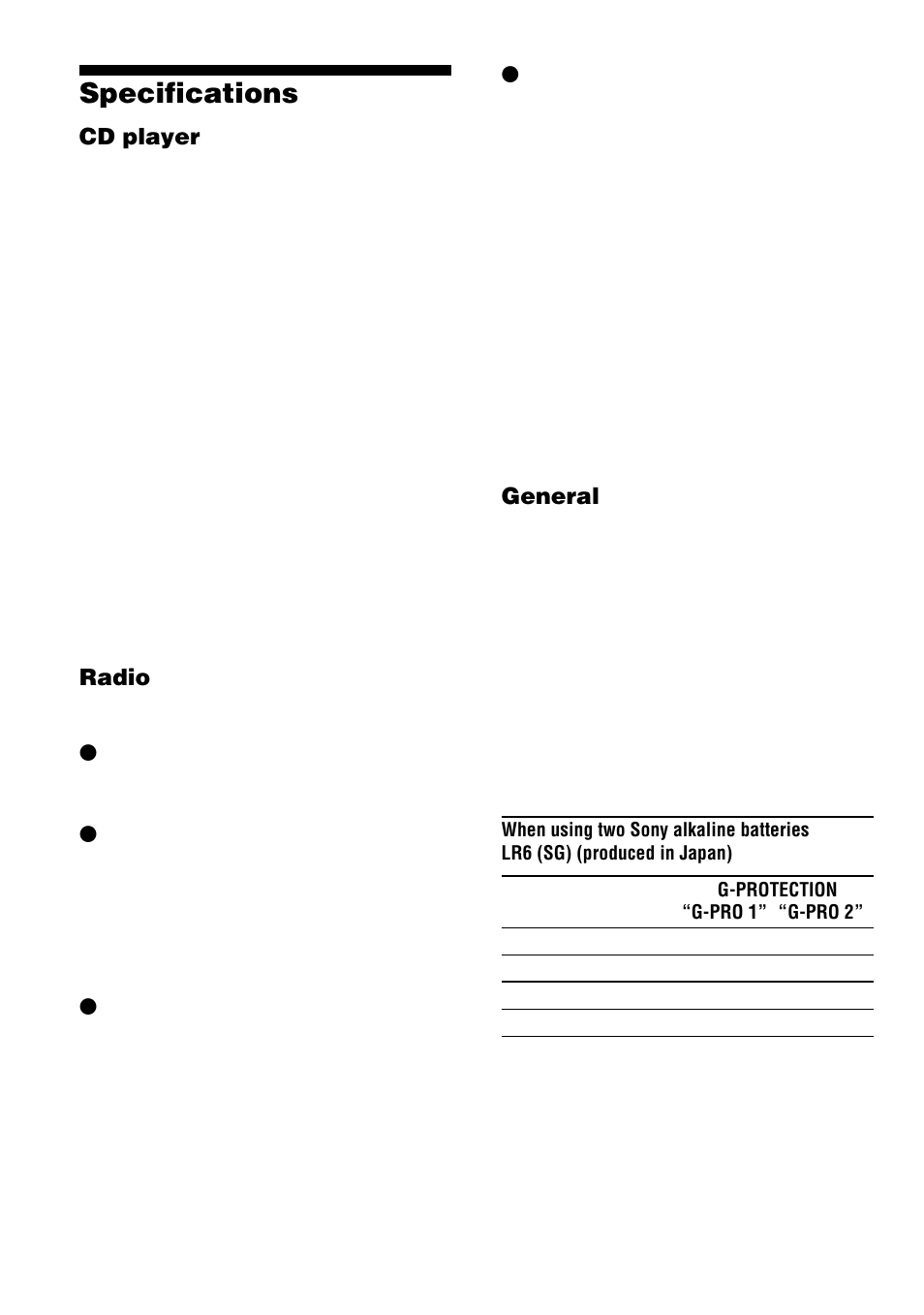 Specifications, 36 specifications, Cd player | Radio, General | Sony D-NF400/NF401 User Manual | Page 36 / 40