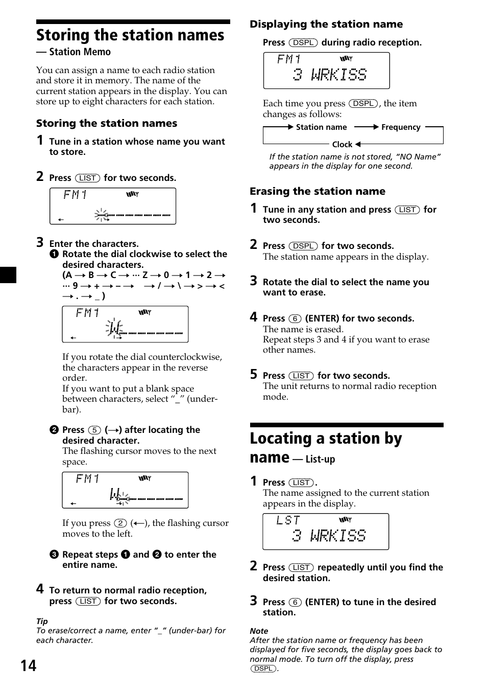 Storing the station names — station memo, Locating a station by name — list-up, Storing the station names | Station memo, Locating a station by name, List-up | Sony CDX-C7850 User Manual | Page 14 / 36