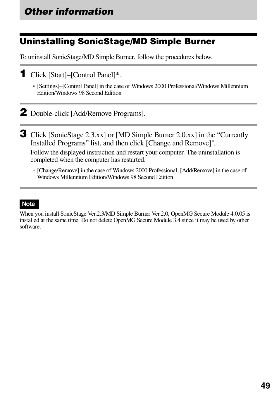 Other information, Uninstalling sonicstage/md simple burner | Sony MZ-DN430 User Manual | Page 49 / 56