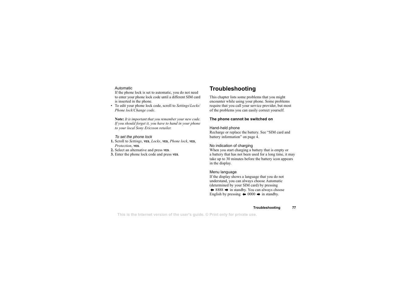 Troubleshooting, Troubleshooting 77 | Sony T68i User Manual | Page 77 / 95