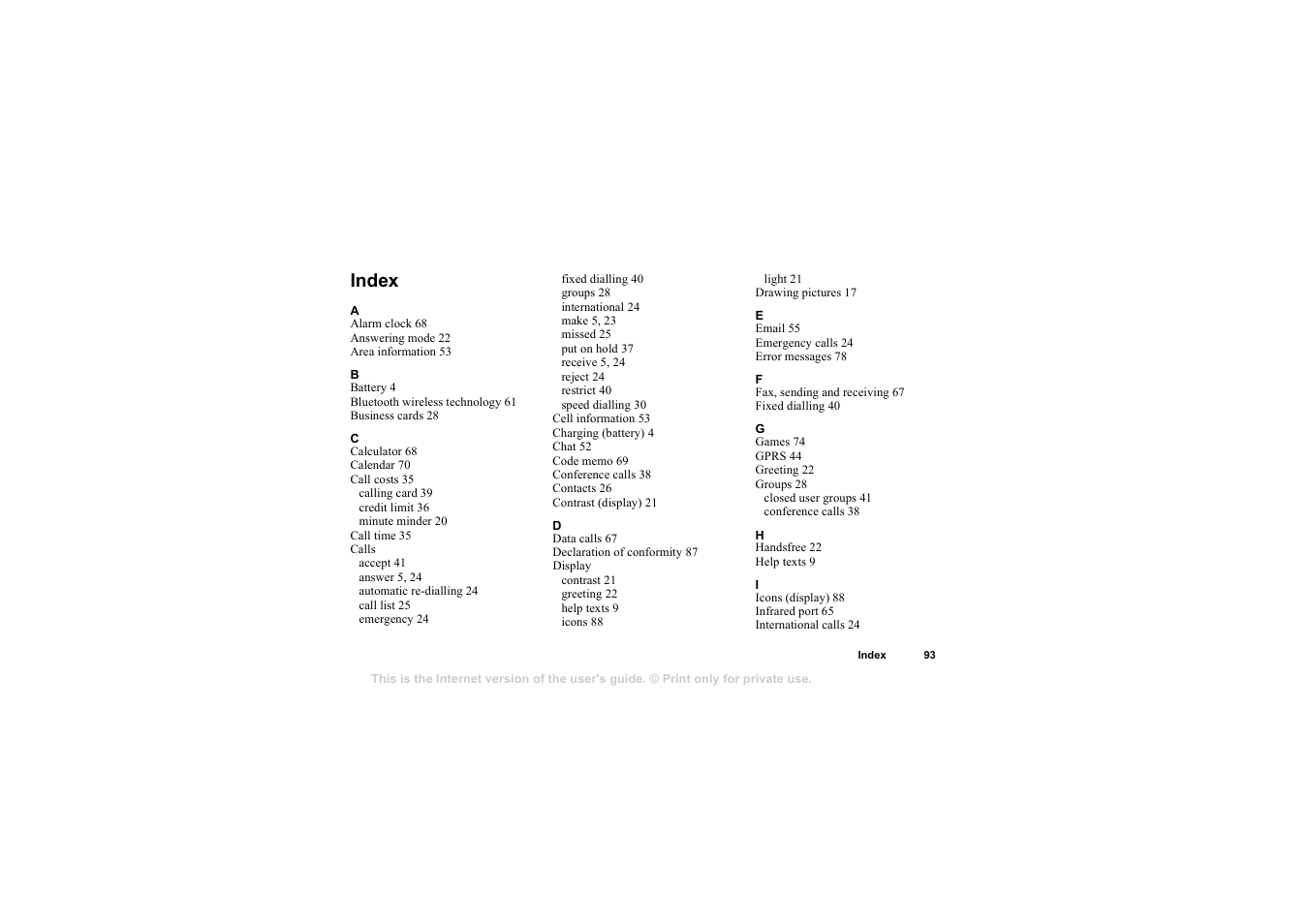 Index, Index 93 | Sony T68i User Manual | Page 93 / 95