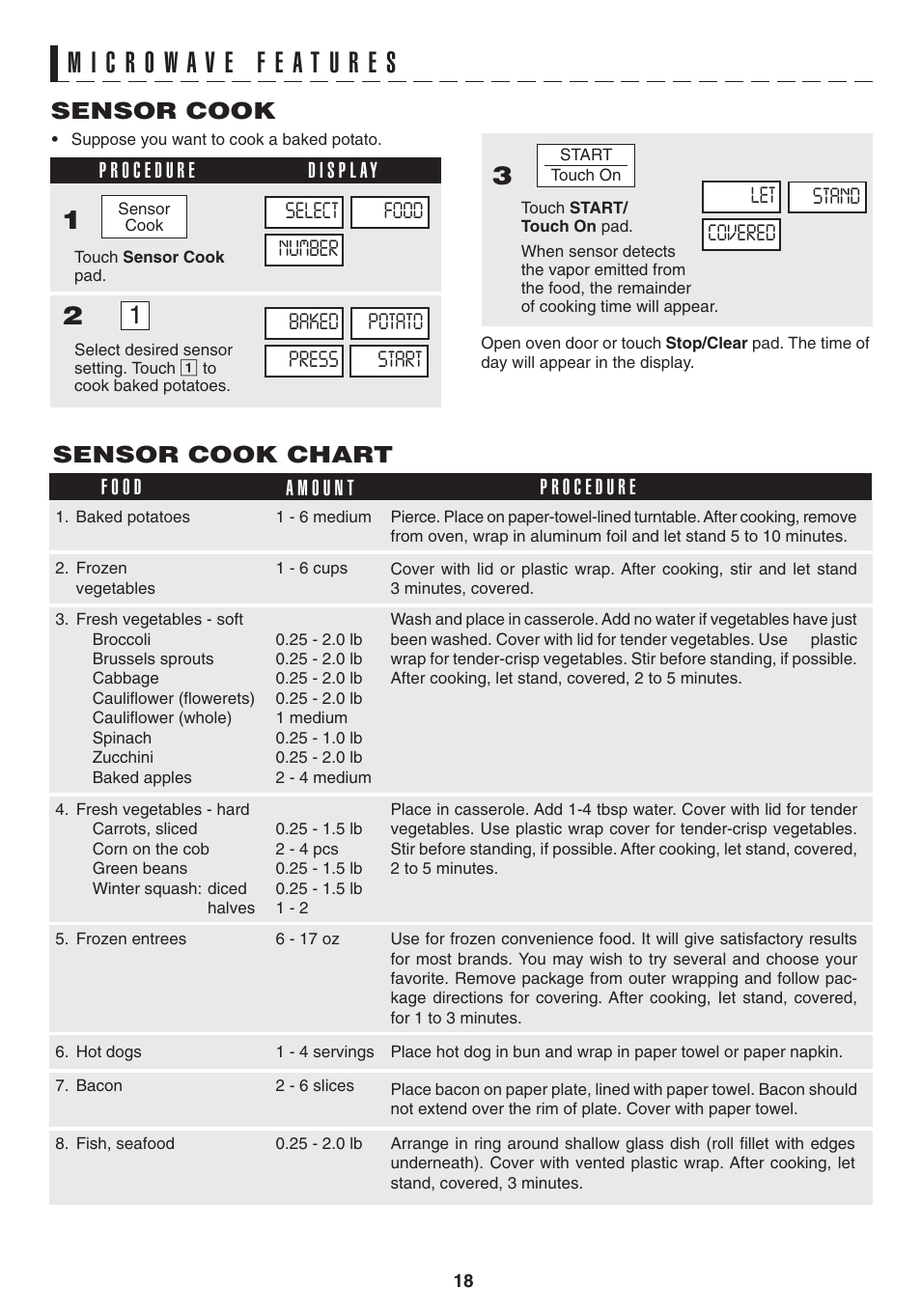 Sensor cook, Sensor cook chart | Sony R1880L User Manual | Page 18 / 32