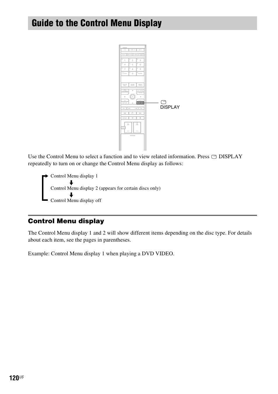 Guide to the control menu display, Control menu display | Sony DAVLF1H User Manual | Page 120 / 127