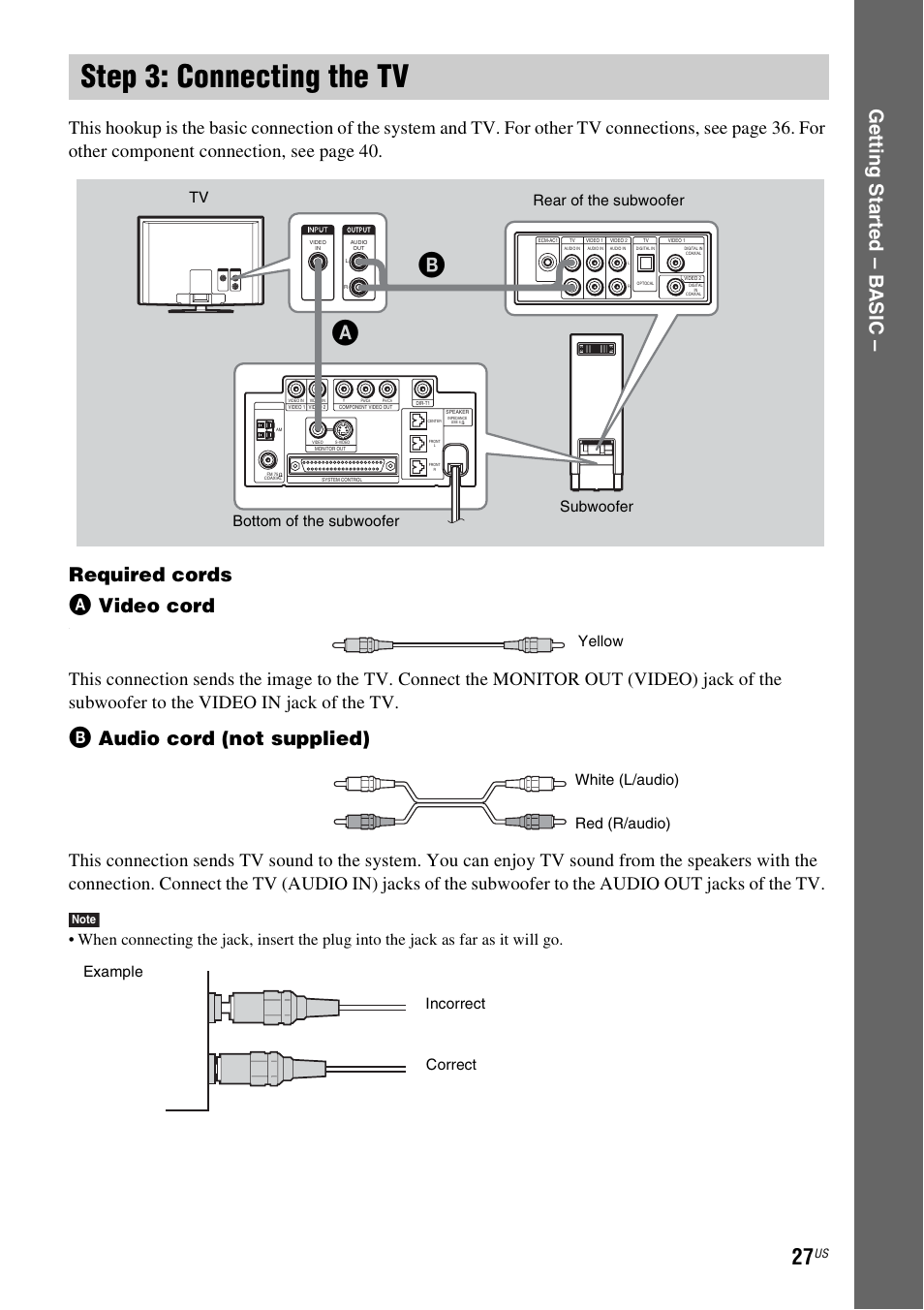 Step 3: connecting the tv, Ge tting star te d – b a sic, Required cords | Video cord, Audio cord (not supplied), Subwoofer tv | Sony DAVLF1H User Manual | Page 27 / 127