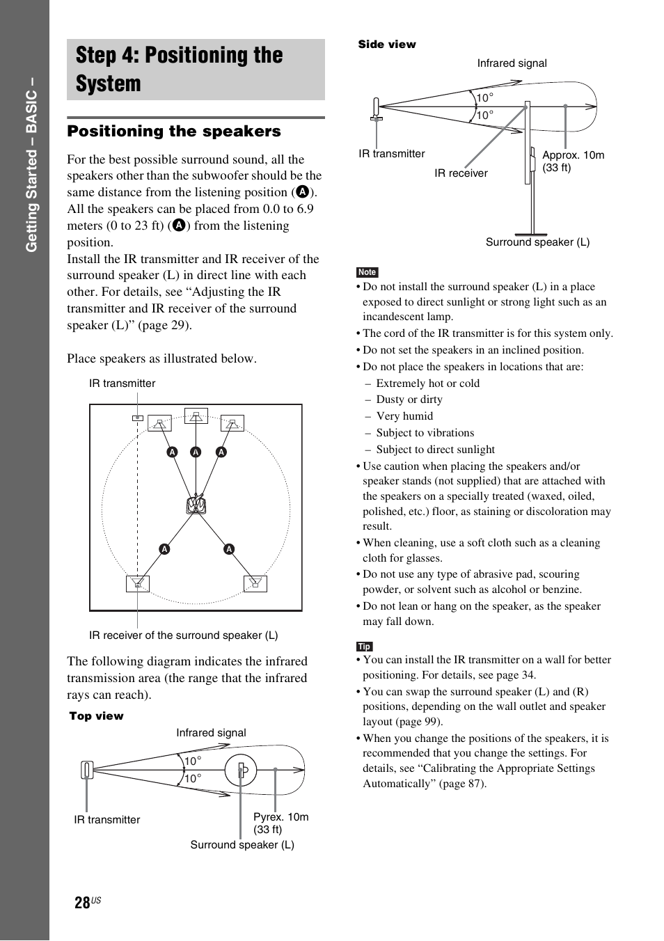 Step 4: positioning the system, Positioning the speakers | Sony DAVLF1H User Manual | Page 28 / 127