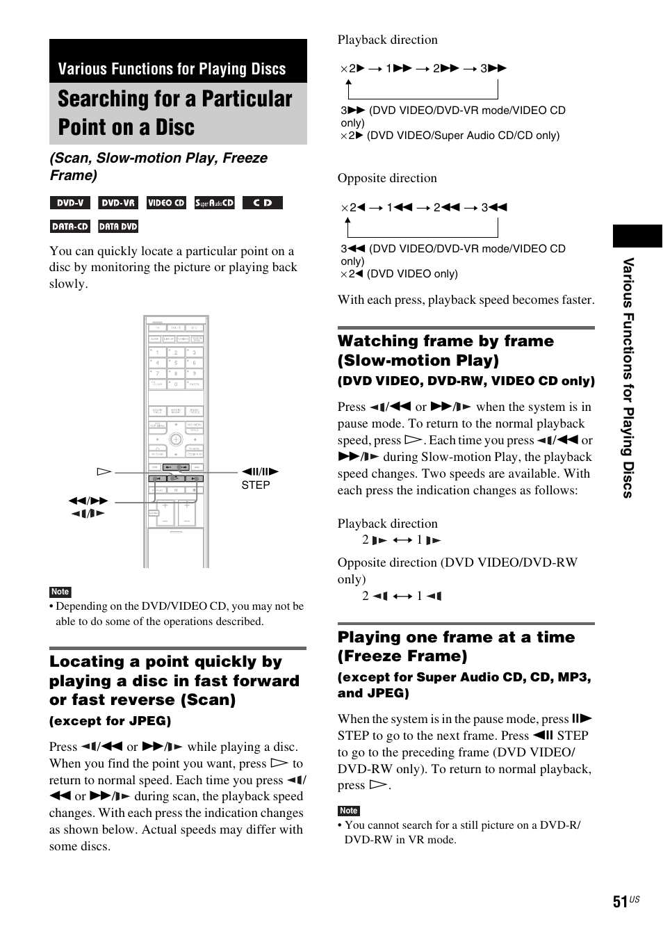 Various functions for playing discs, Searching for a particular point on a disc, Watching frame by frame (slow-motion play) | Playing one frame at a time (freeze frame), Searching for a particular point on, A disc (scan, slow-motion play, freeze frame) | Sony DAVLF1H User Manual | Page 51 / 127
