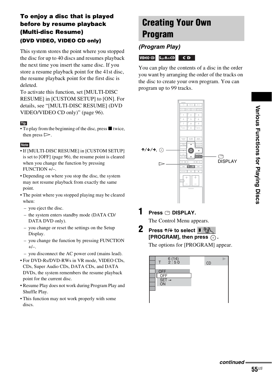 Creating your own program, Program play) | Sony DAVLF1H User Manual | Page 55 / 127
