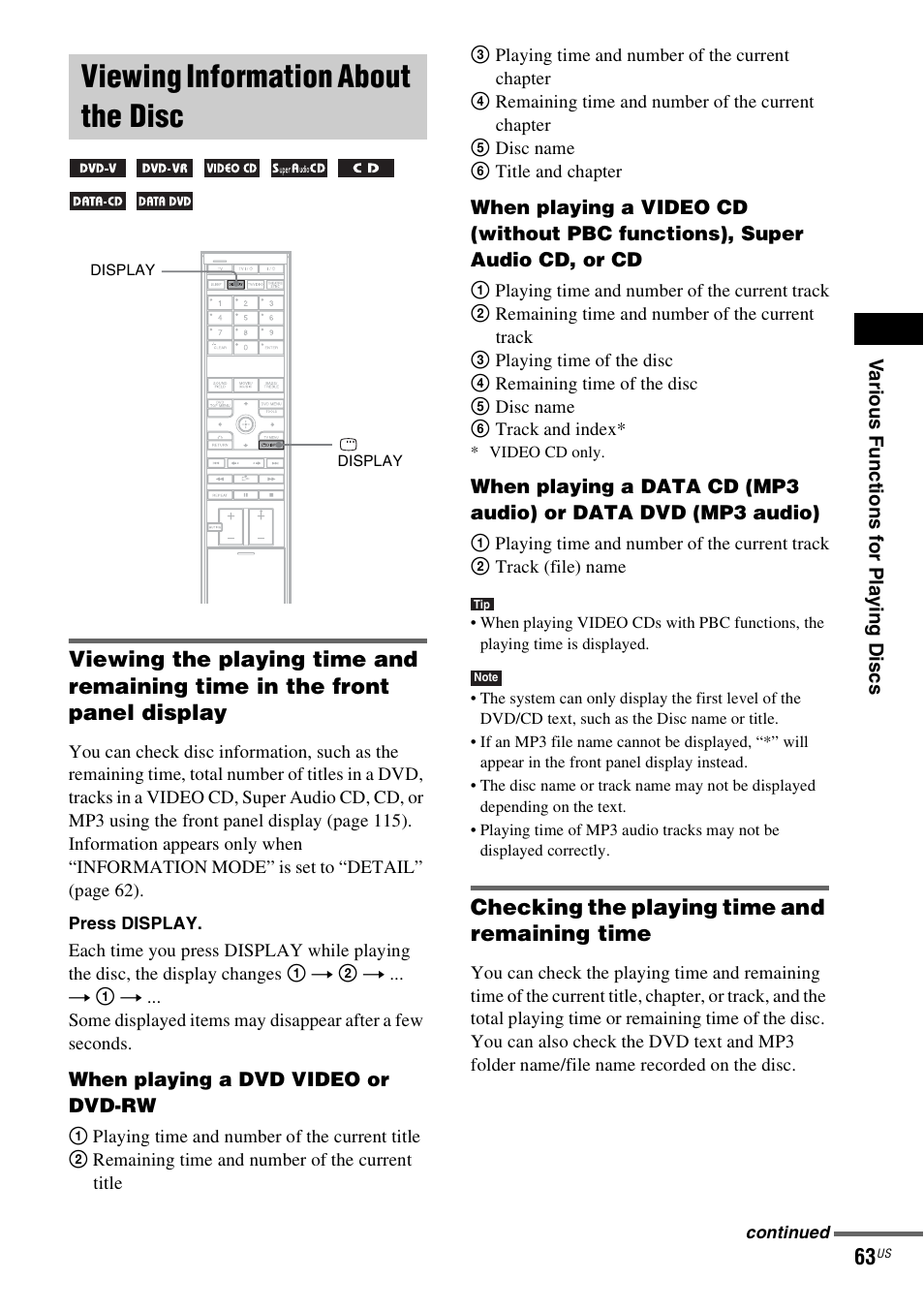 Viewing information about the disc, Checking the playing time and remaining time | Sony DAVLF1H User Manual | Page 63 / 127