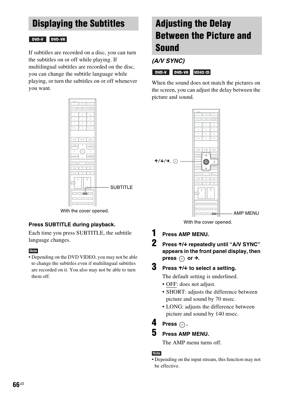 Displaying the subtitles, Adjusting the delay between the picture and sound, And sound (a/v sync) | Sony DAVLF1H User Manual | Page 66 / 127