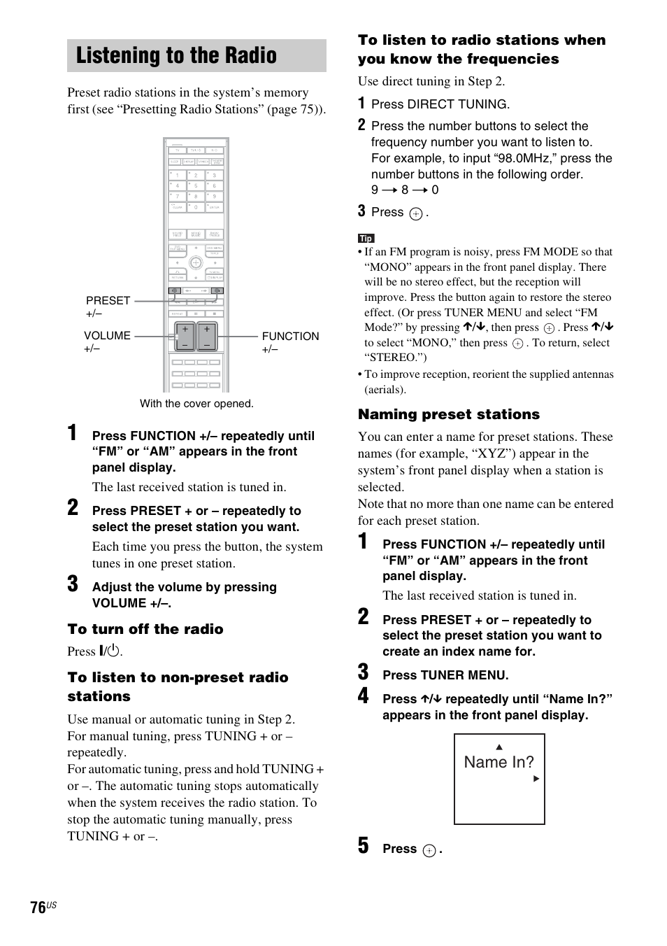 Listening to the radio, Name in | Sony DAVLF1H User Manual | Page 76 / 127