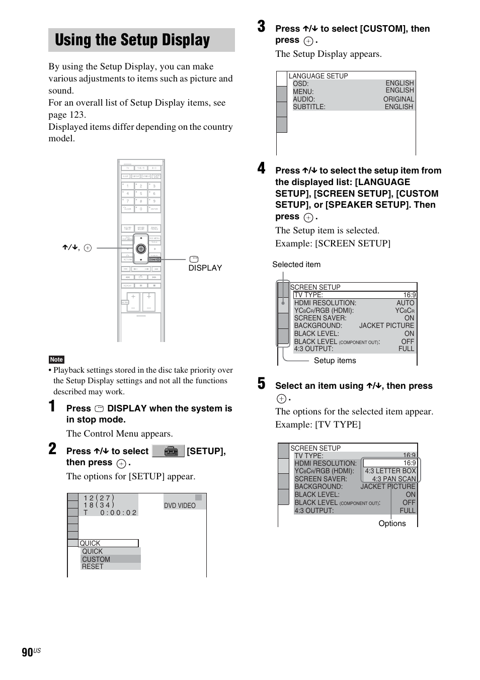 Using the setup display, Using | Sony DAVLF1H User Manual | Page 90 / 127