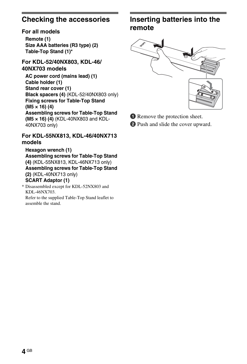 Checking the accessories, Inserting batteries into the remote | Sony BRAVIA 4-180-179-14(1) User Manual | Page 4 / 28