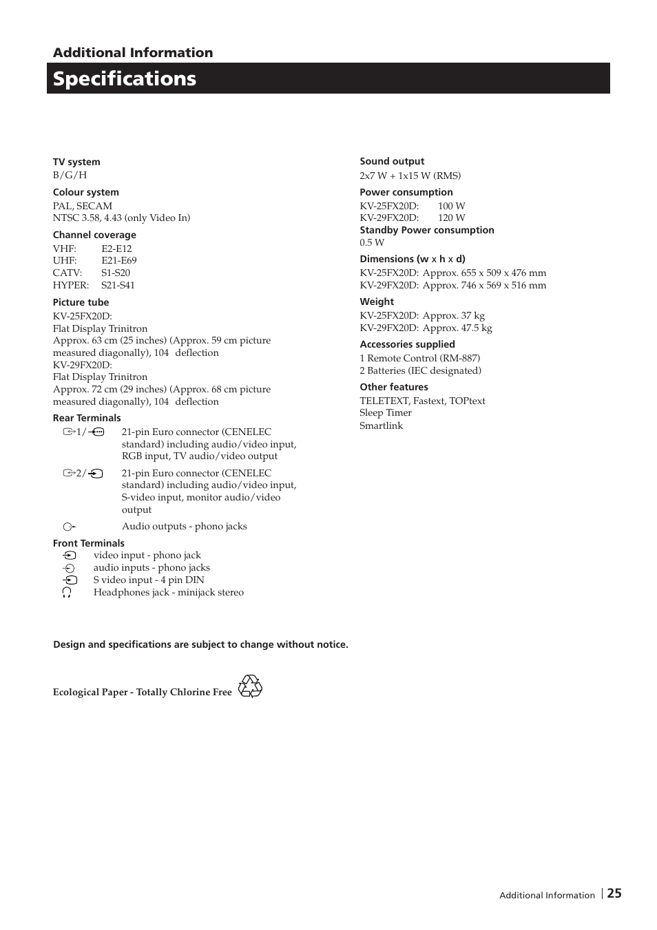 Specifications, Additional information | Sony KV-25FX20D User Manual | Page 25 / 26