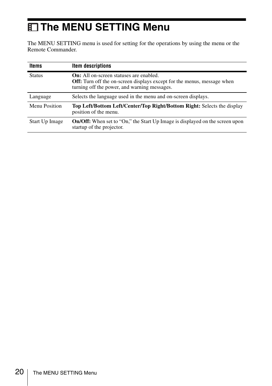 The menu setting menu | Sony VPL EW130 User Manual | Page 20 / 42