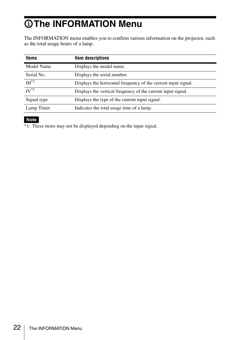 The information menu | Sony VPL EW130 User Manual | Page 22 / 42