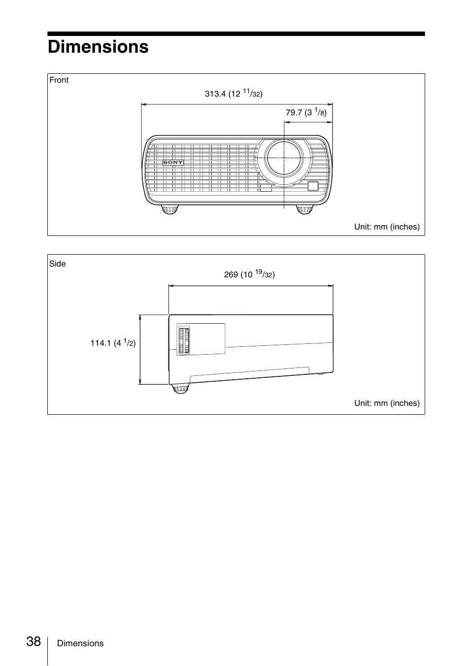 Dimensions | Sony VPL EW130 User Manual | Page 38 / 42