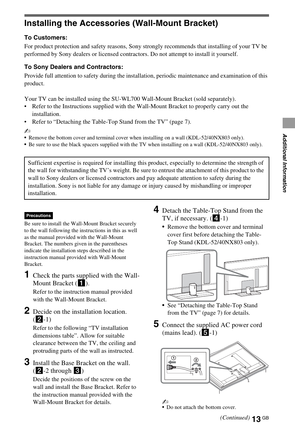 Installing the accessories (wall-mount bracket) | Sony BRAVIA 4-180-179-11(1) User Manual | Page 13 / 20