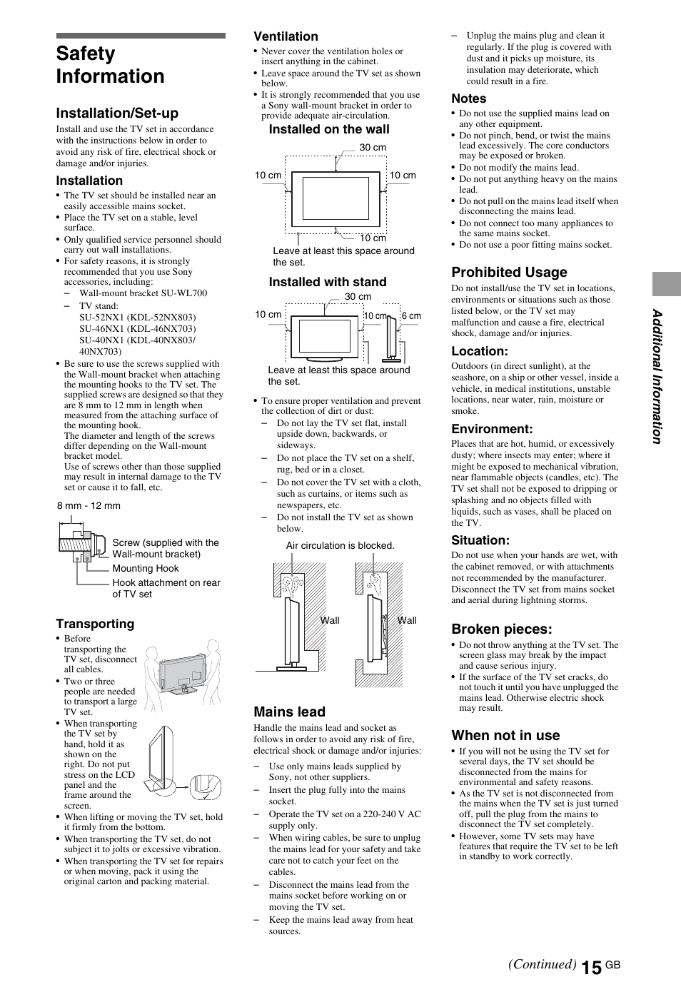 Safety information, Installation/set-up, Mains lead | Prohibited usage, Broken pieces, When not in use, Continued) | Sony BRAVIA 4-180-179-11(1) User Manual | Page 15 / 20