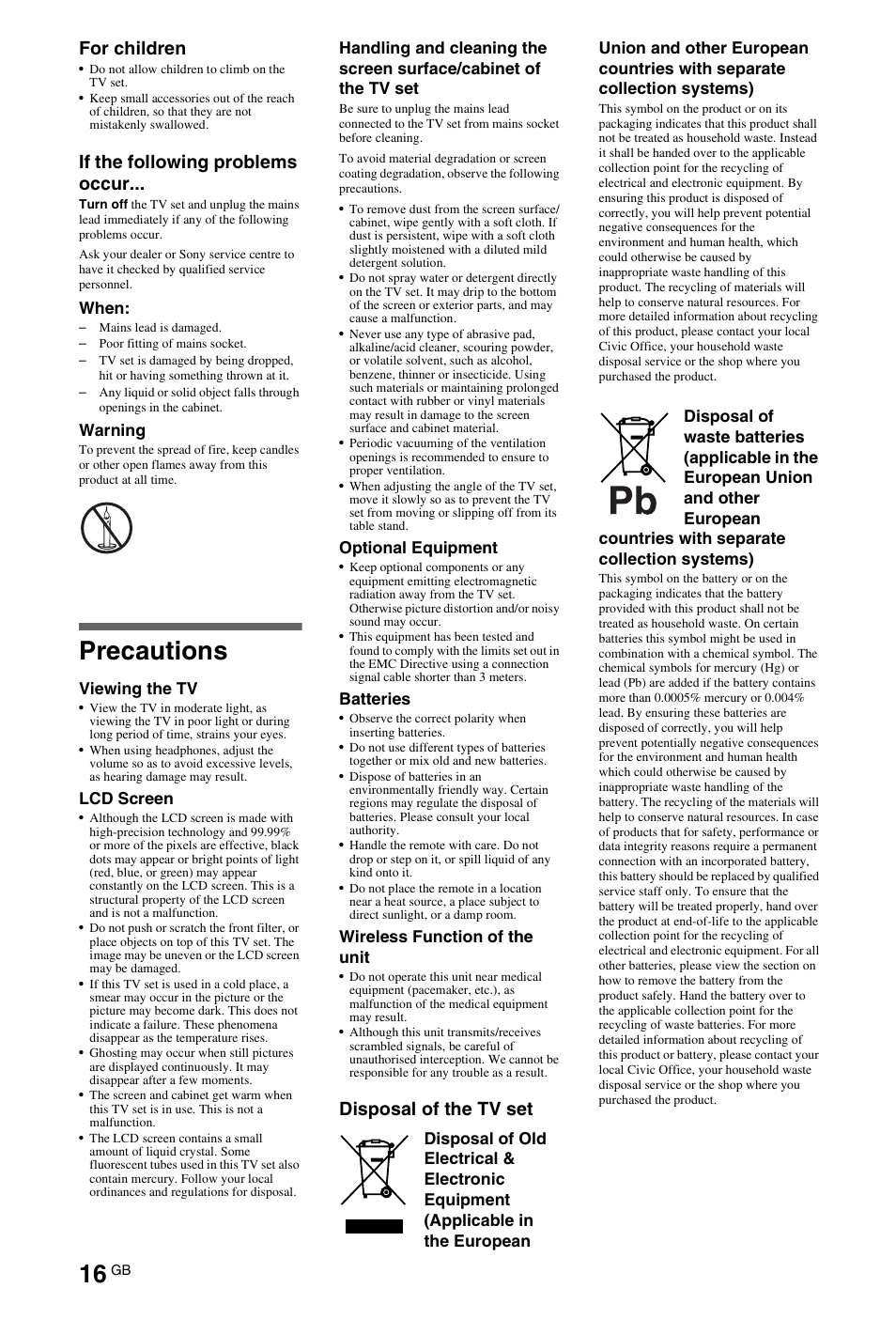 Precautions, For children, If the following problems occur | Disposal of the tv set | Sony BRAVIA 4-180-179-11(1) User Manual | Page 16 / 20