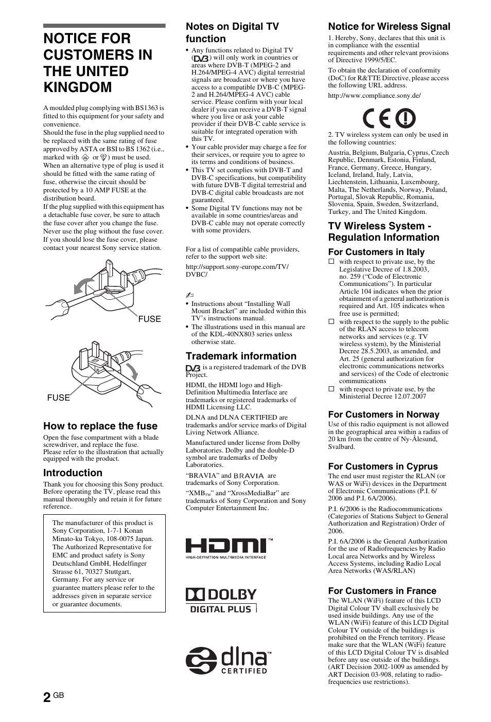 Notice for customers in the united kingdom, How to replace the fuse, Introduction | Trademark information, Notice for wireless signal, Tv wireless system - regulation information | Sony BRAVIA 4-180-179-11(1) User Manual | Page 2 / 20