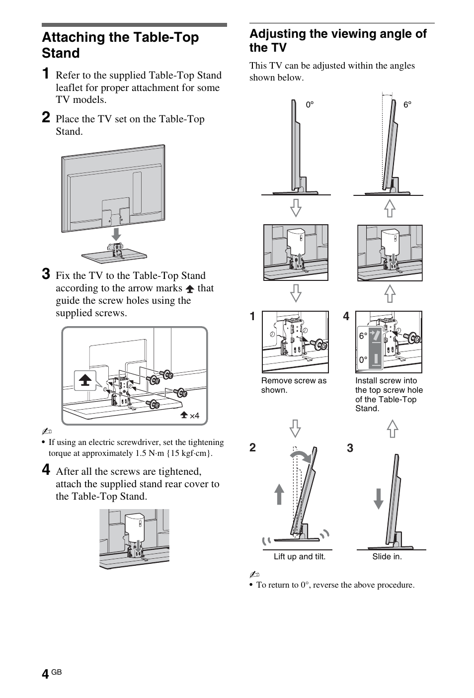 Setting up, Attaching the table-top stand | Sony BRAVIA 4-180-179-11(1) User Manual | Page 4 / 20