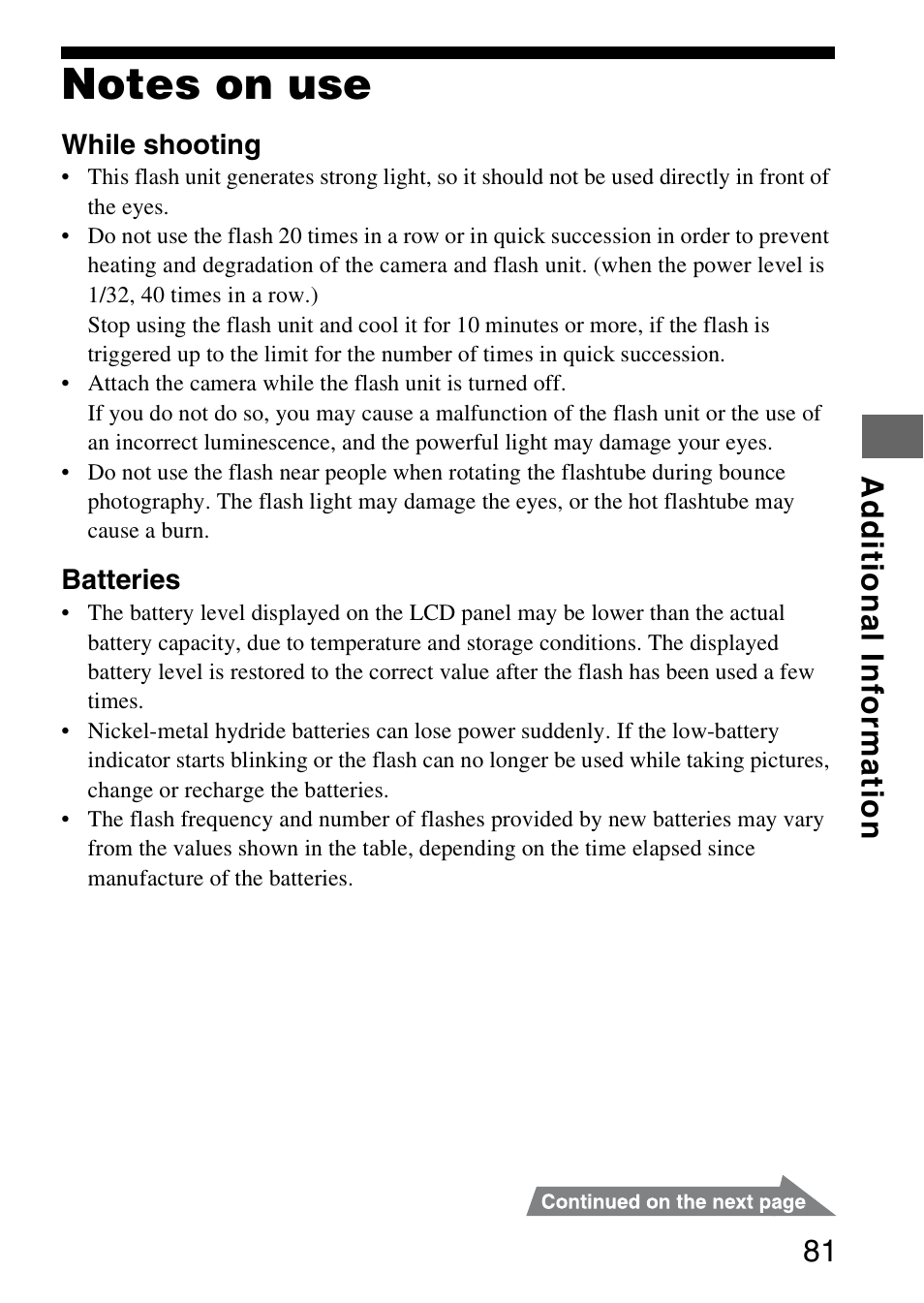 Additional information, Notes on use | Sony 4-183-746-11(1) User Manual | Page 81 / 88