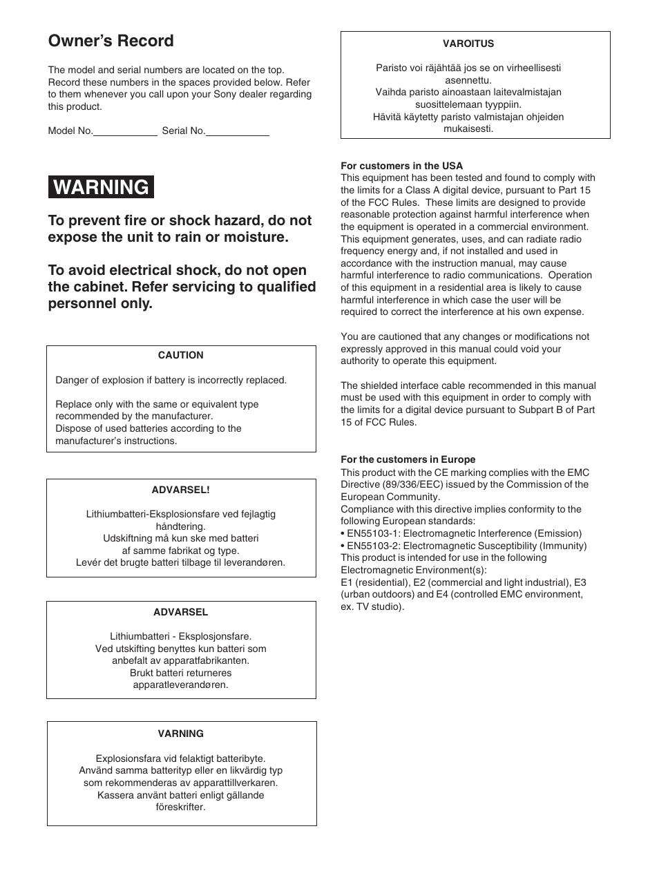 Warning, Owner’s record | Sony 570WSPL User Manual | Page 2 / 160