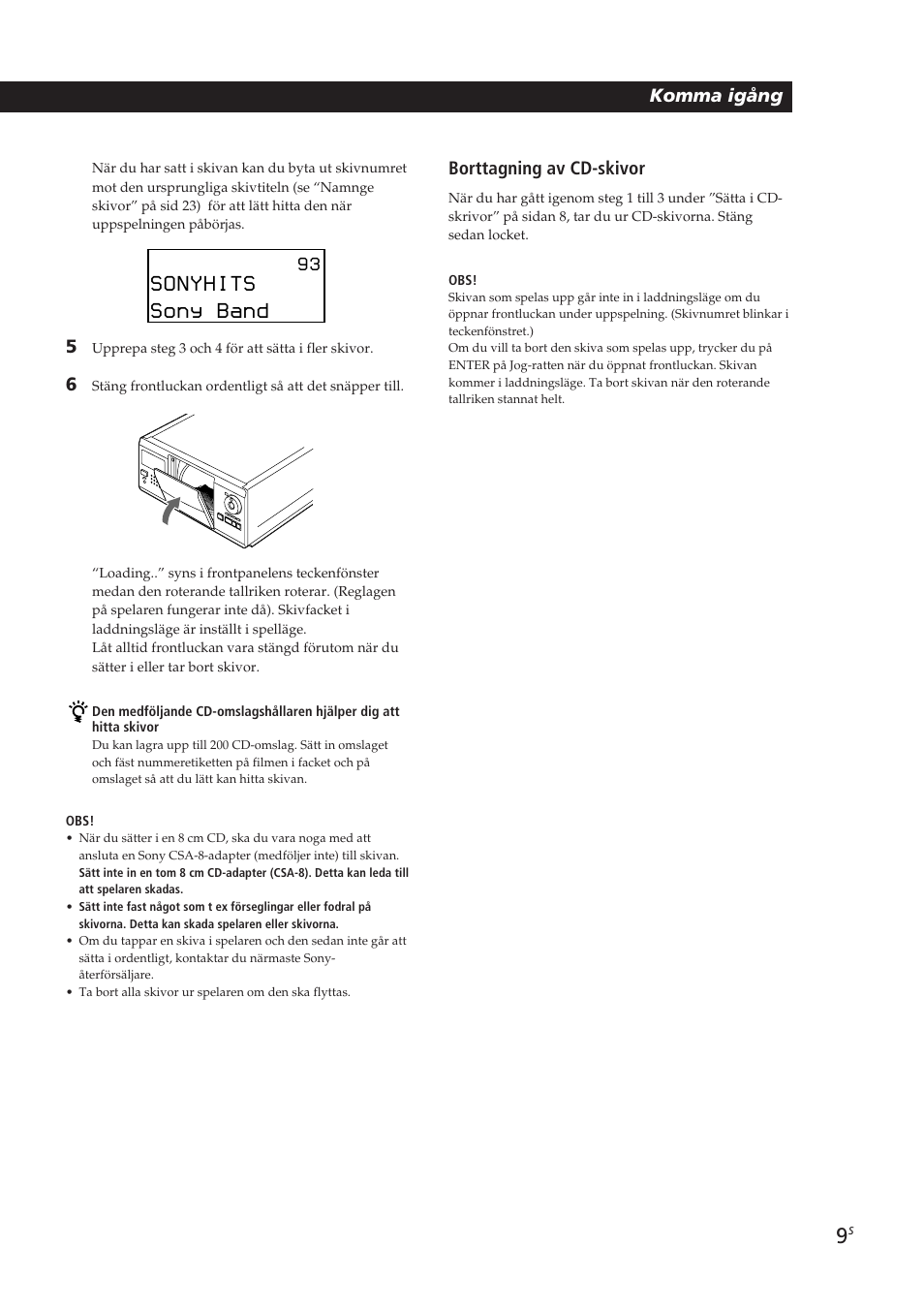Sonyhits, Sony band, Playing cds getting started komma igång | Borttagning av cd-skivor | Sony CDP-CX270 User Manual | Page 102 / 125