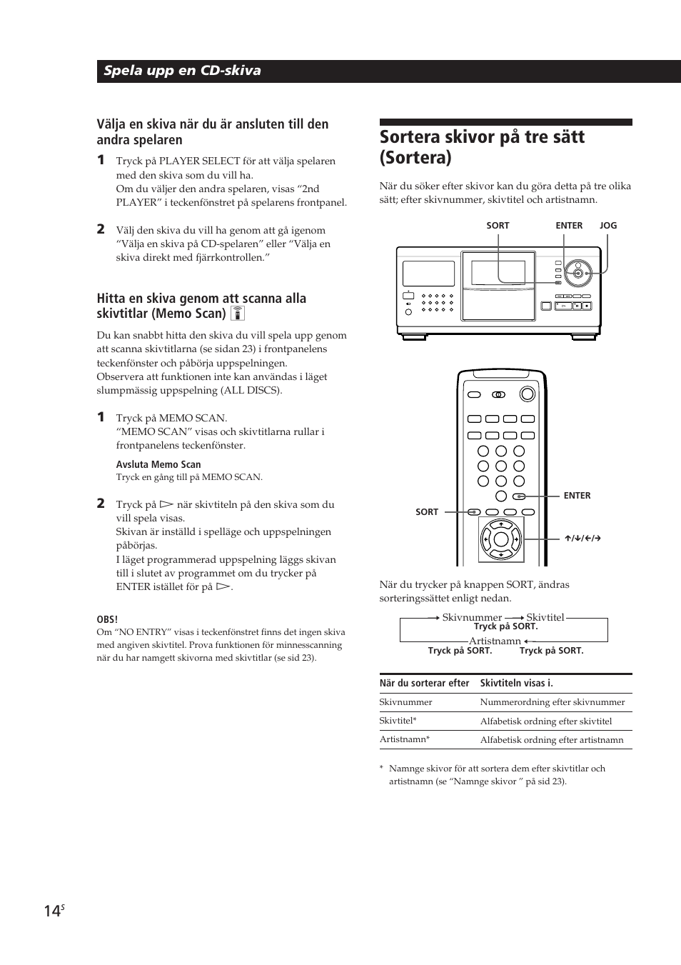 Sortera skivor på tre sätt (sortera), Spela upp en cd-skiva | Sony CDP-CX270 User Manual | Page 107 / 125