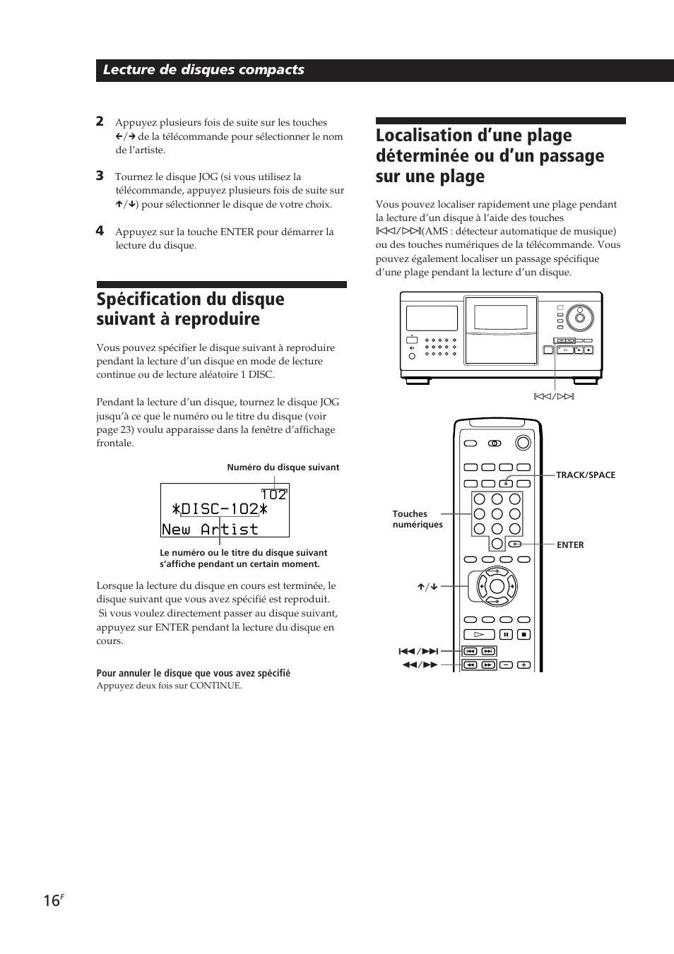 Spécification du disque suivant à reproduire, Disc-1o2, New artist | Lecture de disques compacts, 1 o 2 | Sony CDP-CX270 User Manual | Page 47 / 125