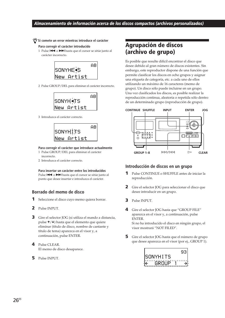 Agrupación de discos (archivo de grupo), Introducción de discos en un grupo 1 | Sony CDP-CX270 User Manual | Page 88 / 125