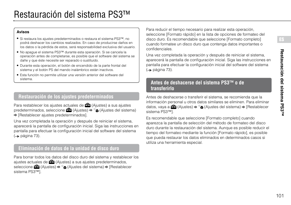 Restauración.del.sistema.ps3, Restauración del sistema ps3 | Sony 120-250GB Playstation 3 CECH-2101A User Manual | Page 101 / 120