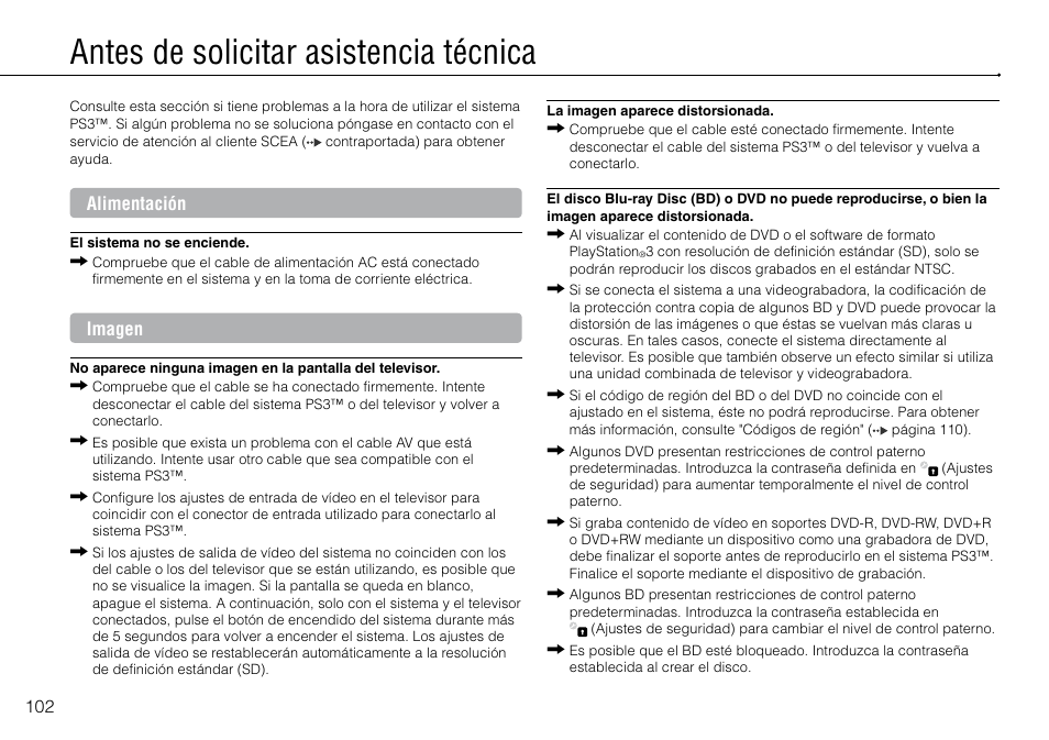 Antes.de.solicitar.asistencia.técnica, Antes de solicitar asistencia técnica, Alimentación | Imagen | Sony 120-250GB Playstation 3 CECH-2101A User Manual | Page 102 / 120