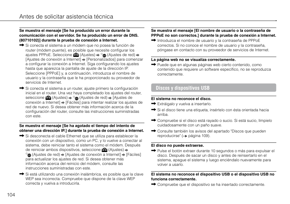 Antes de solicitar asistencia técnica, Discos y dispositivos usb | Sony 120-250GB Playstation 3 CECH-2101A User Manual | Page 104 / 120