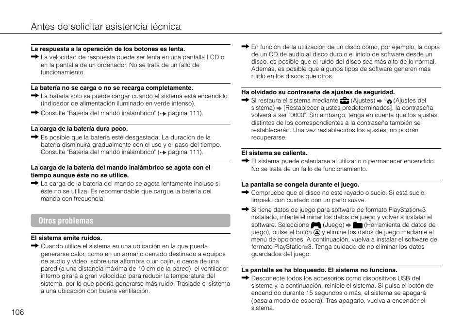 Antes de solicitar asistencia técnica, Otros problemas | Sony 120-250GB Playstation 3 CECH-2101A User Manual | Page 106 / 120