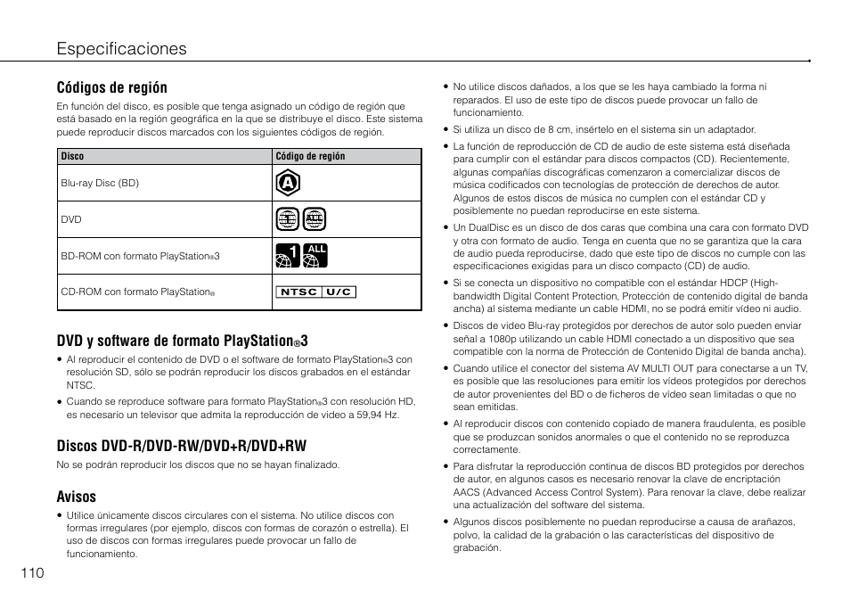 Especificaciones, Códigos de región, Dvd y software de formato playstation | Discos dvd-r/dvd-rw/dvd+r/dvd+rw, Avisos | Sony 120-250GB Playstation 3 CECH-2101A User Manual | Page 110 / 120