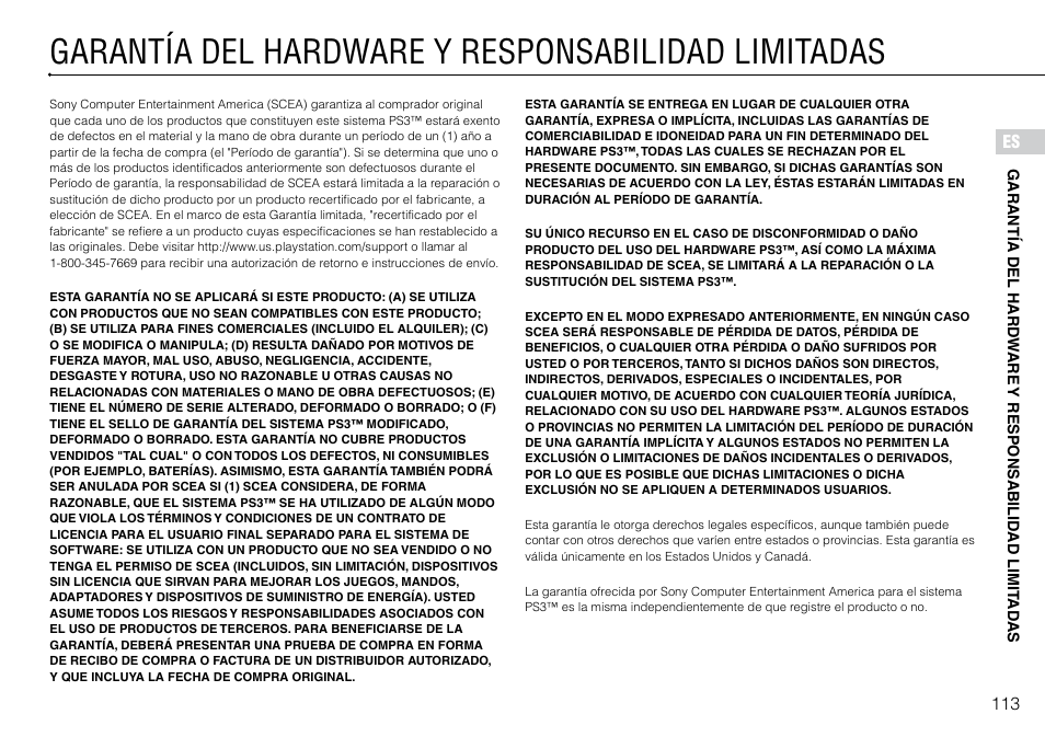 Garantía.del.hardware.y.responsabilidad, Limitadas, Garantía del hardware y responsabilidad limitadas | Sony 120-250GB Playstation 3 CECH-2101A User Manual | Page 113 / 120