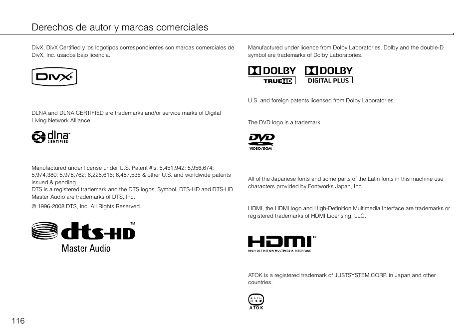 Derechos de autor y marcas comerciales | Sony 120-250GB Playstation 3 CECH-2101A User Manual | Page 116 / 120