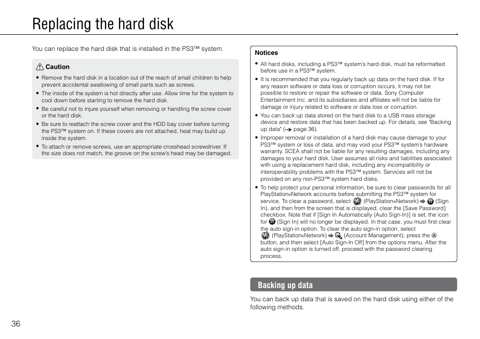Replacing the hard disk, Backing up data | Sony 120-250GB Playstation 3 CECH-2101A User Manual | Page 36 / 120